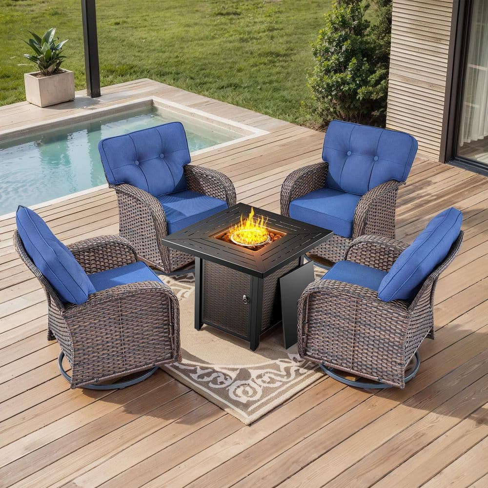 T-Frame 5-Piece Brown Wicker Fire Pit Conversation Set with 5 in. Blue Cushions Patio Swivel Chair for poolside/balcony price history on PriceWatchPro