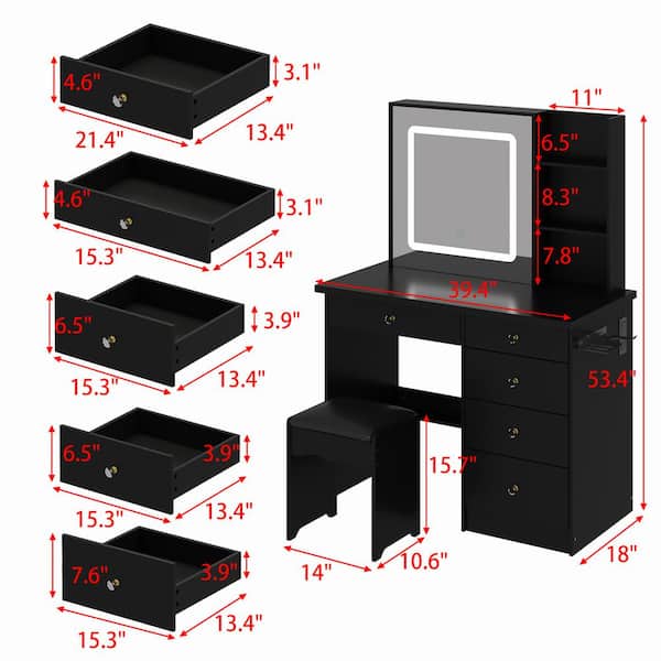 Vanity Desk With Mirror & LED Lights, Makeup Vanity With Sliding Mirror Power Outlet 3 Color Lighting 4 Drawers Storage Shelves Stool