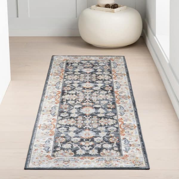 Myla Floral Medallion Washable Blue 2.8 ft. x 8 ft. Indoor Area Rug