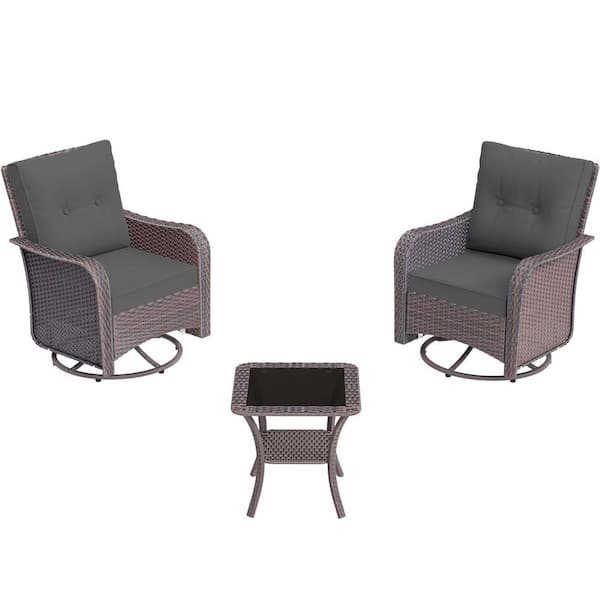 3-Piece Wicker Outdoor Rocking Chairs Set with Swivel, 1 Glass Coffee Table and Cushion Gray