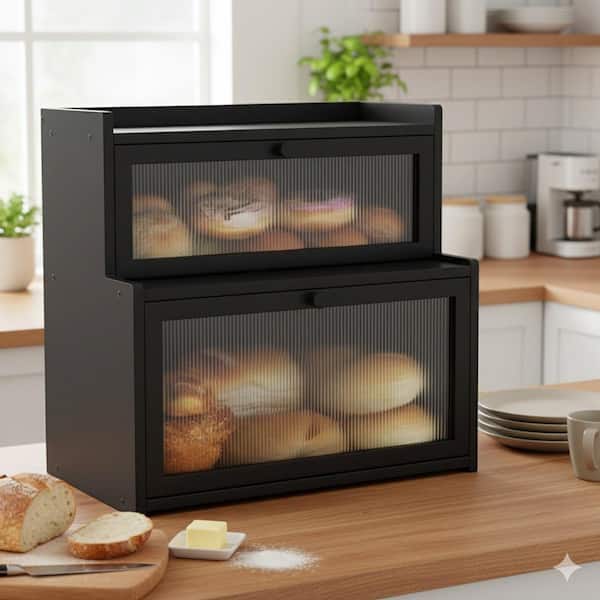 1 Piece Double Layer Bamboo Bread Box with Window Ladder Shape Large Capacity Countertop Storage Set
