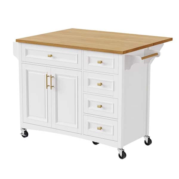 White Wood 52 in. Kitchen Island with Drop Leaf, Wheels, Spice Rack and Towel Rack Oak Veneer Tabletop Kitchen Cart