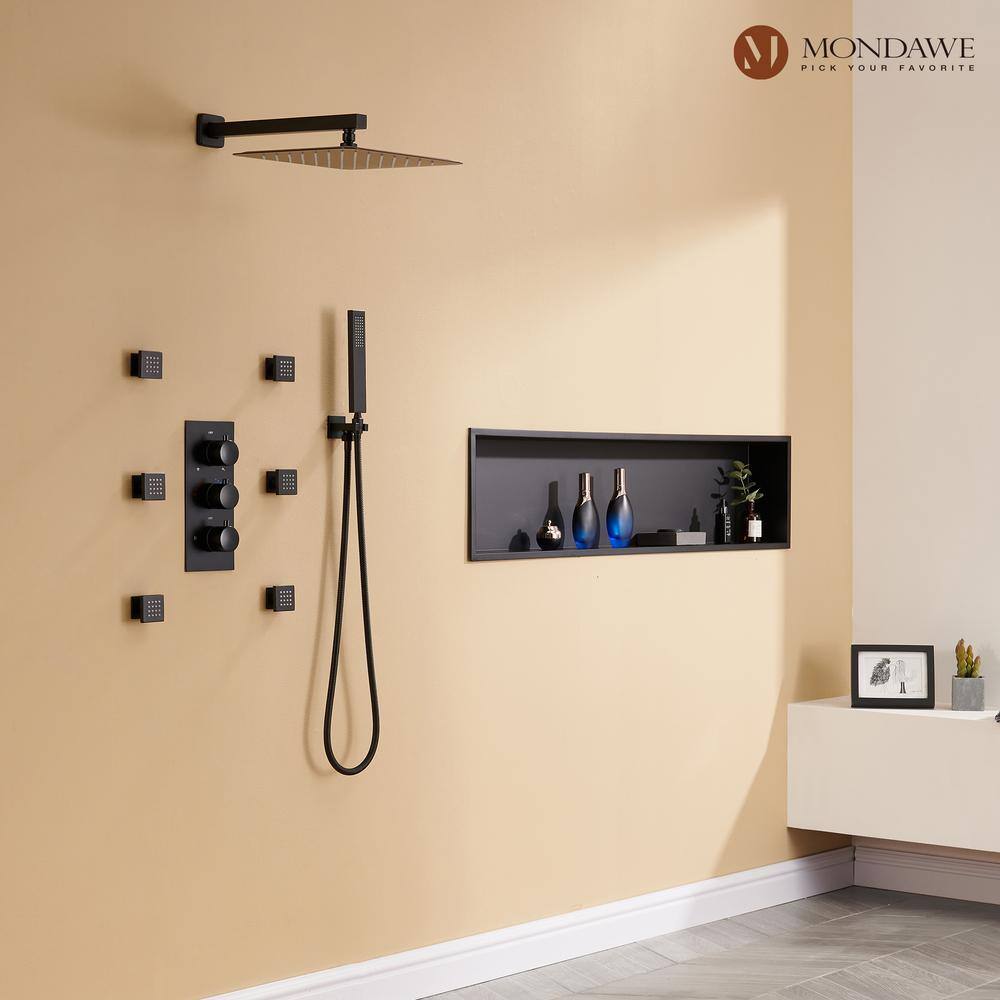 Matte Black 12-Inch Stainless Steel Multi-Head Wall Mounted Shower System