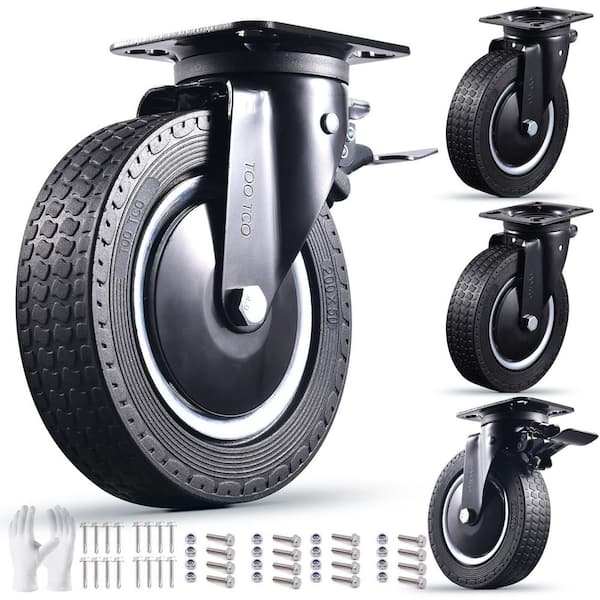 4-Pack Industrial Series 8in. Black Rubber Heavy Duty Swivel Locking Caster Wheels w/Brake for Cart 3200 lb. Load Rating