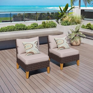 Dark Brown Rattan Wicker Outdoor Patio Armless Lounge Chairs with Beige Cushions (2-Pack)