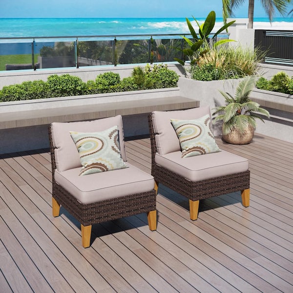 PHI VILLA Dark Brown Rattan Wicker Outdoor Patio Armless Lounge Chairs with Beige Cushions (2-Pack)