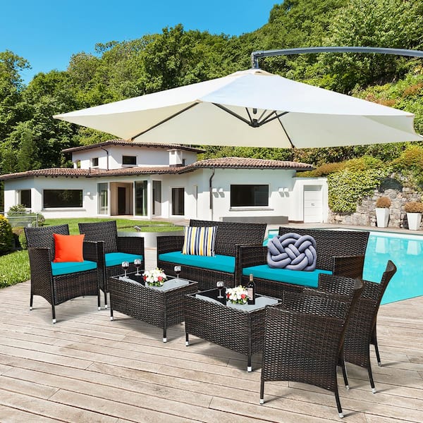 8-Piece Wicker Patio Conversation Set with Blue Cushions