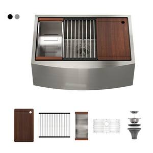 Stainless Steel Sink 36 in. 16-Gauge Single Bowl Farmhouse Apron Workstation Kitchen Sink in Brushed with Accessories