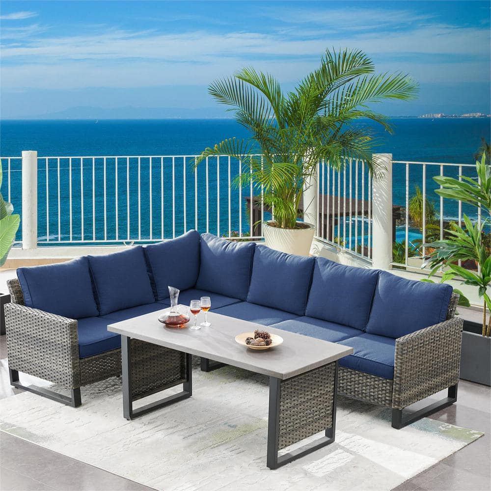 Valente Gray 3-Pieces Wicker Patio Conversation Sectional Seating Set with Cushion Guard Blue Cushions price history on PriceWatchPro