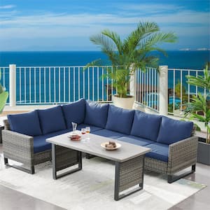 Valente Gray 3-Pieces Wicker Patio Conversation Sectional Seating Set with Cushion Guard Blue Cushions