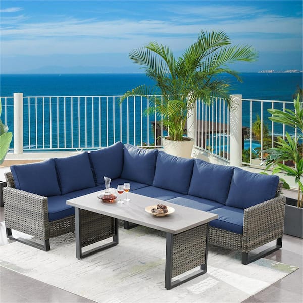 Gymojoy Valente Gray 3-Pieces Wicker Patio Conversation Sectional Seating Set with Cushion Guard Blue Cushions