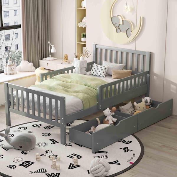 Gray Wood Frame Twin Size Platform Bed with Guardrails on Both Sides and 2 Storage Drawers