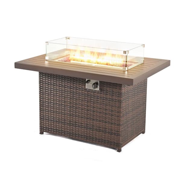 Lutten Brown Rectangle 55,000 BTU Wicker Outdoor Fire Pit Table With Tempered Glass Windshield