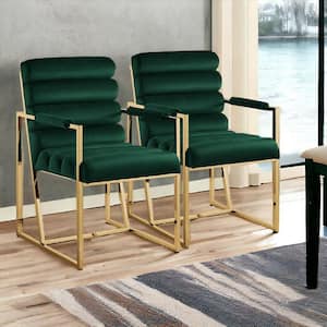 Tufted Hunter Green And Gold Upholstered Velvet Arm Chair (Set Of 2)