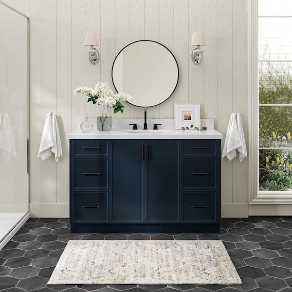 ARIEL Kelly 54 in. Single Sink Freestanding Bathroom Vanity in Midnight Blue with Carrara White Marble Top