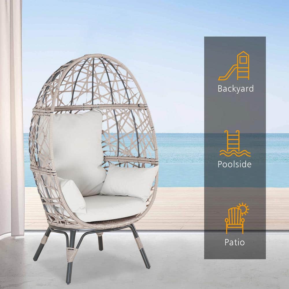 Beige Wicker Teardrop Egg Chair with Cushions and Steel Frame