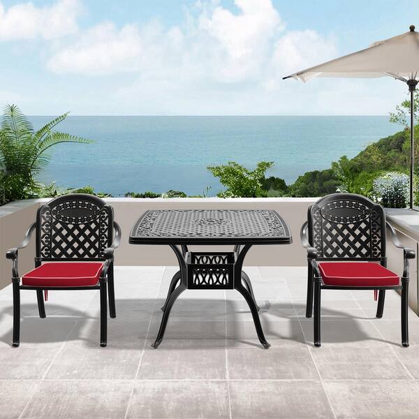 Willit Isabella Black 3-Piece Cast Aluminum Outdoor Dining Set with Square Table and Dining Chairs with Random Color Cushion