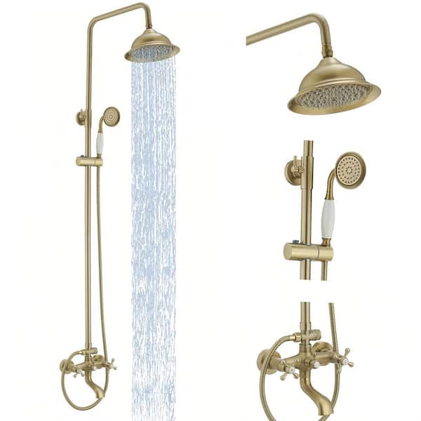 3-Spray Wall Slid Bar Round Rain Shower Faucet with Hand Shower 2 Cross Handles in Brushed Gold (Valve Included)