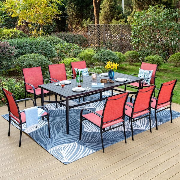PHI VILLA Black 9-Piece Metal Slat Rectangle Table Outdoor Patio Dining Set with Red Textilene Chairs