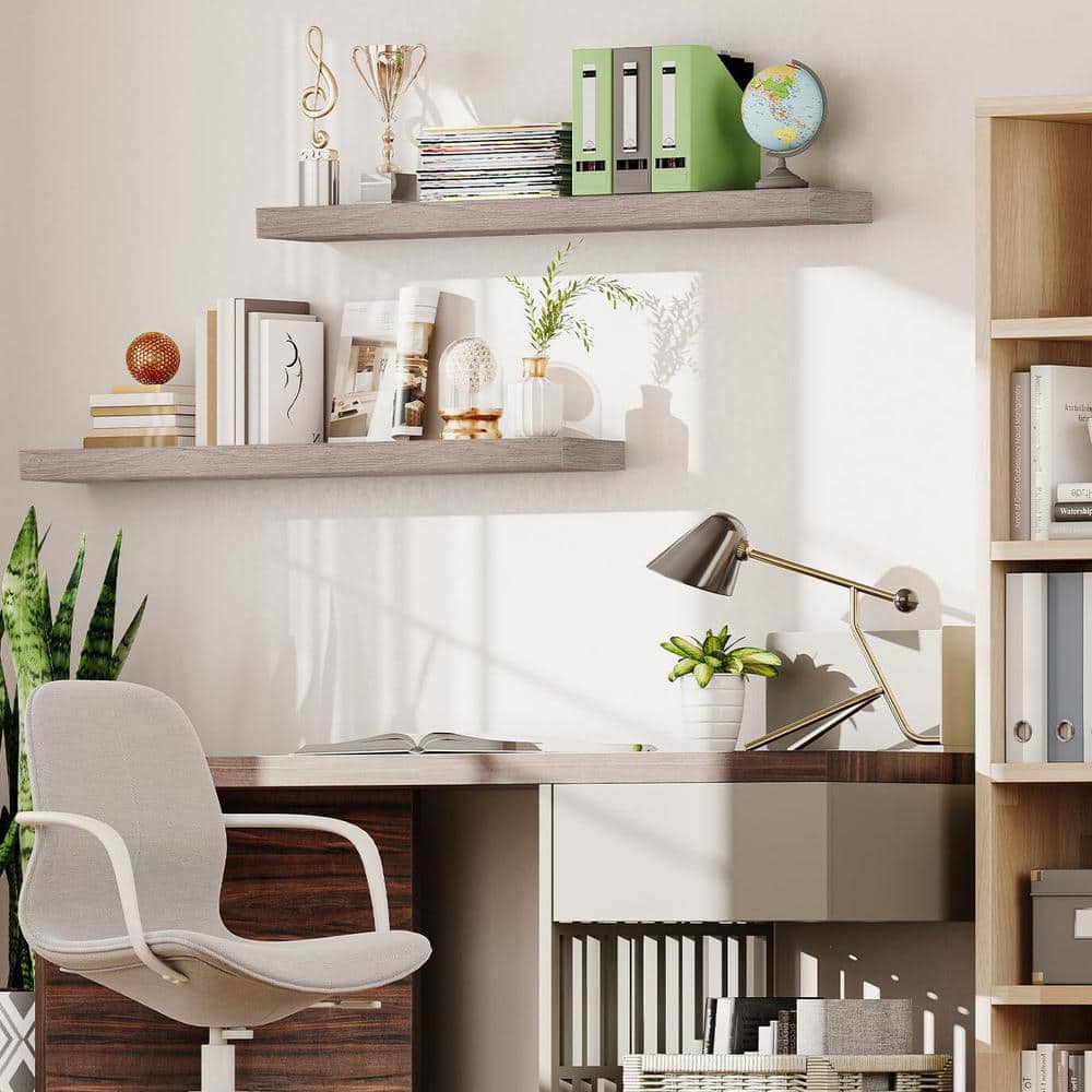 47.2" Greige Wood Floating Wall Shelf Set with Invisible Brackets