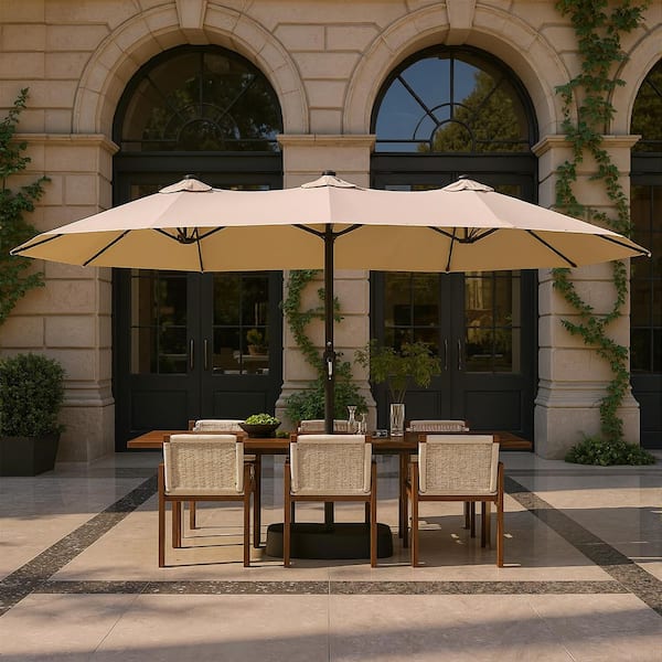 15 ft. Market Patio Umbrella with Crank, UPF50+ Polyester Canopy and Weighted Base in Beige