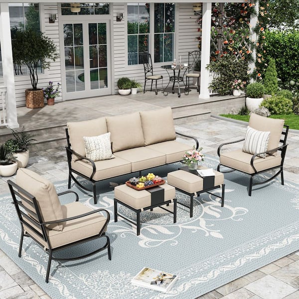 Poteban Beige 5-Person Iron Metal Patio Conversation Set With Beige Cushions-1 3-Person Sofa, 2 Single Sofas, 2 Ottomans.