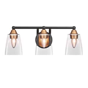 Madison 7 in. 3-Light Bath Bar, Matte Black and Brass, Square Clear Bubble Glass Vanity Light