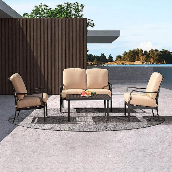 Sudzendf 4-Piece Black Metal Outdoor Patio Conversation Set with Beige Cushion and Metal Dining Table
