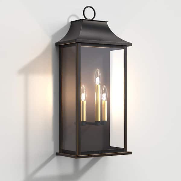 Decorators 25 in. 3-Light Oil-Rubbed Bronze Traditional Dusk to Dawn Outdoor Hardwired Wall Lantern Sconce