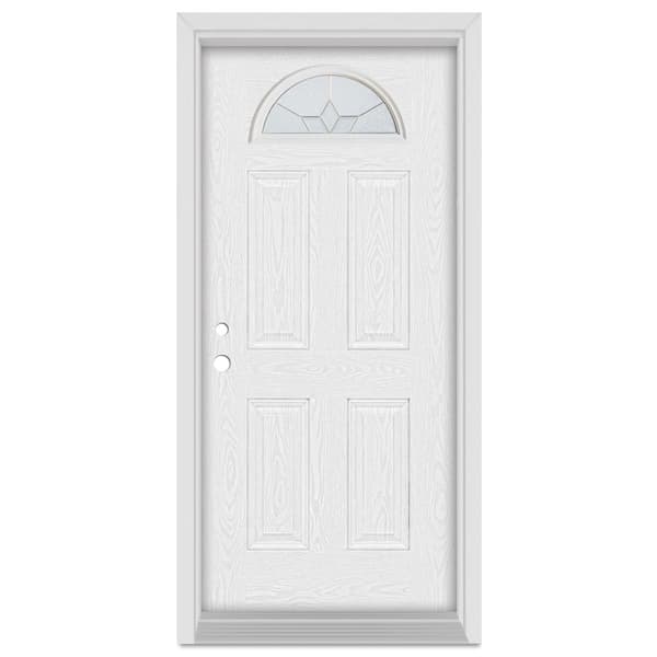 Stanley Doors 32 in. x 80 in. Geometric Right-Hand Half Moon Lite Brass Finished Fiberglass Oak Woodgrain Prehung Front Door