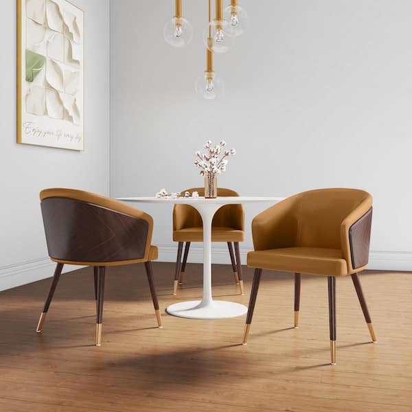 Manhattan Comfort Reeva Camal Modern Faux Leather Upholstered Dining Chair with Beech Wood Back and Solid Wood Legs (Set of 2)