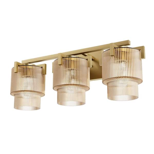 Ontario 24.25 in. 3-Light Luxe Gold Vanity Light with Amber Ribbed Glass Shades