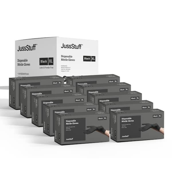 JussStuff Extra Large Nitrile Exam Latex Free and Powder Free Gloves in Black - 10-Boxes of 100 Gloves