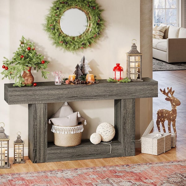 Turrella 63 in. Dark Grey Rectangle Engineered Wood Console Table with Storage Shelf