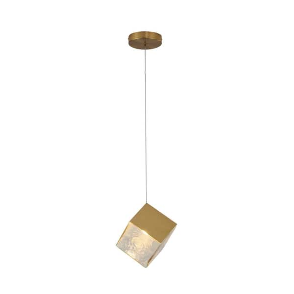Unbranded Zairah 1-Light Brass Cubed Pendant Light with a Clear Distorted Glass Shade