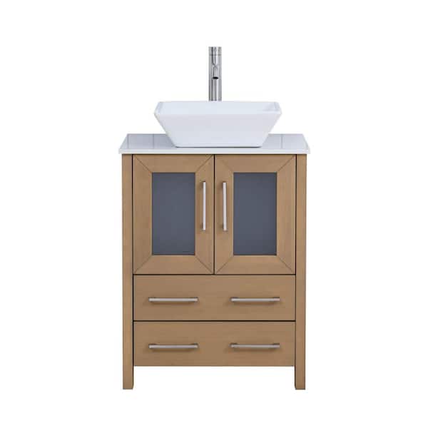 24 in. W Single Basin Natural Oak Bath Vanity with White Engineered Marble Top and Mirror