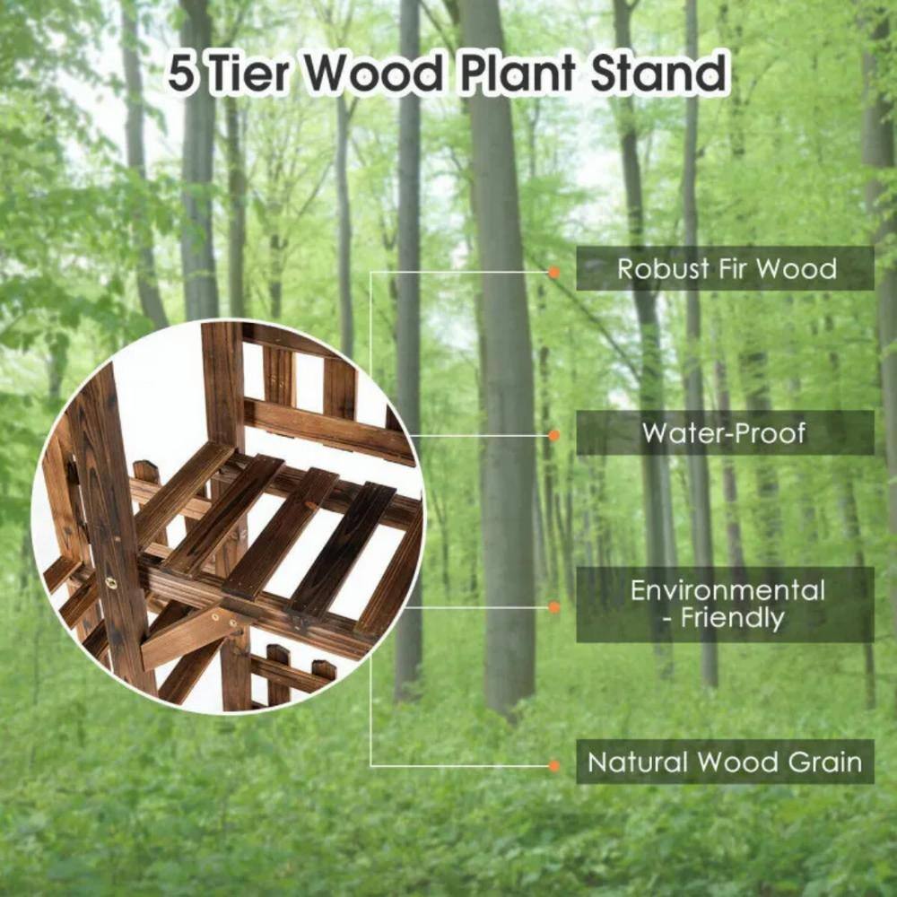 5-Tier Dark Brown Solid Fir Wood Plant Stand
