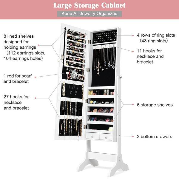 White Lockable Mirrored Jewelry Cabinet Armoire Storage Organizer Box