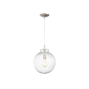 Meridian 12 in. W x 16 in. H 1-Light Brushed Nickel Pendant Light with Clear Ribbed Glass Orb Shade