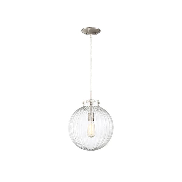 Savoy House Meridian 12 in. W x 16 in. H 1-Light Brushed Nickel Pendant Light with Clear Ribbed Glass Orb Shade