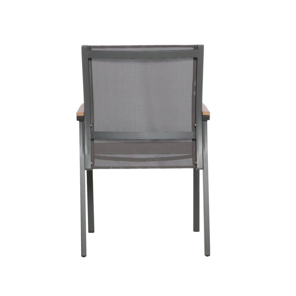 Gray and Natural Brown Aluminum Outdoor Dining Chairs with Faux Wood Accents, Set of 4