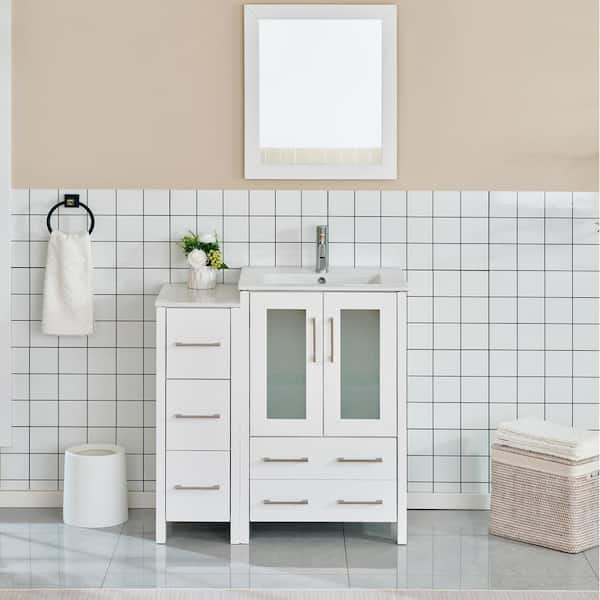 Brescia 36 in. W x 18.1 in. D x 35.8 in. H Single Basin Bathroom Vanity in White with Top in White Ceramic and Mirror