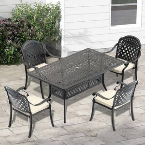 5-Piece Cast Aluminum Patio Furniture Outdoor Dining Set with Random Color Cushions and Umbrella Hole