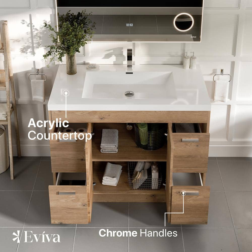 Natural Oak 42'' Single Bathroom Vanity with White Acrylic Top