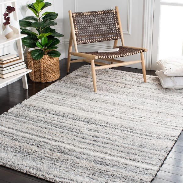 Berber Shag 8 ft. x 10 ft. Gray/Ivory Striped Distressed Area Rug