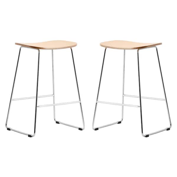 Leisuremod Melrose 26 in. Modern Wood Bar Stool with Chrome Iron Base and Footrest Set of 2 in Natural
