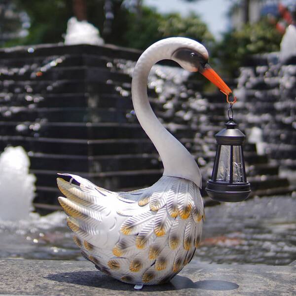 MOEPISY 17 in. Metal White Solar Garden Statue Outdoor Swan Decor