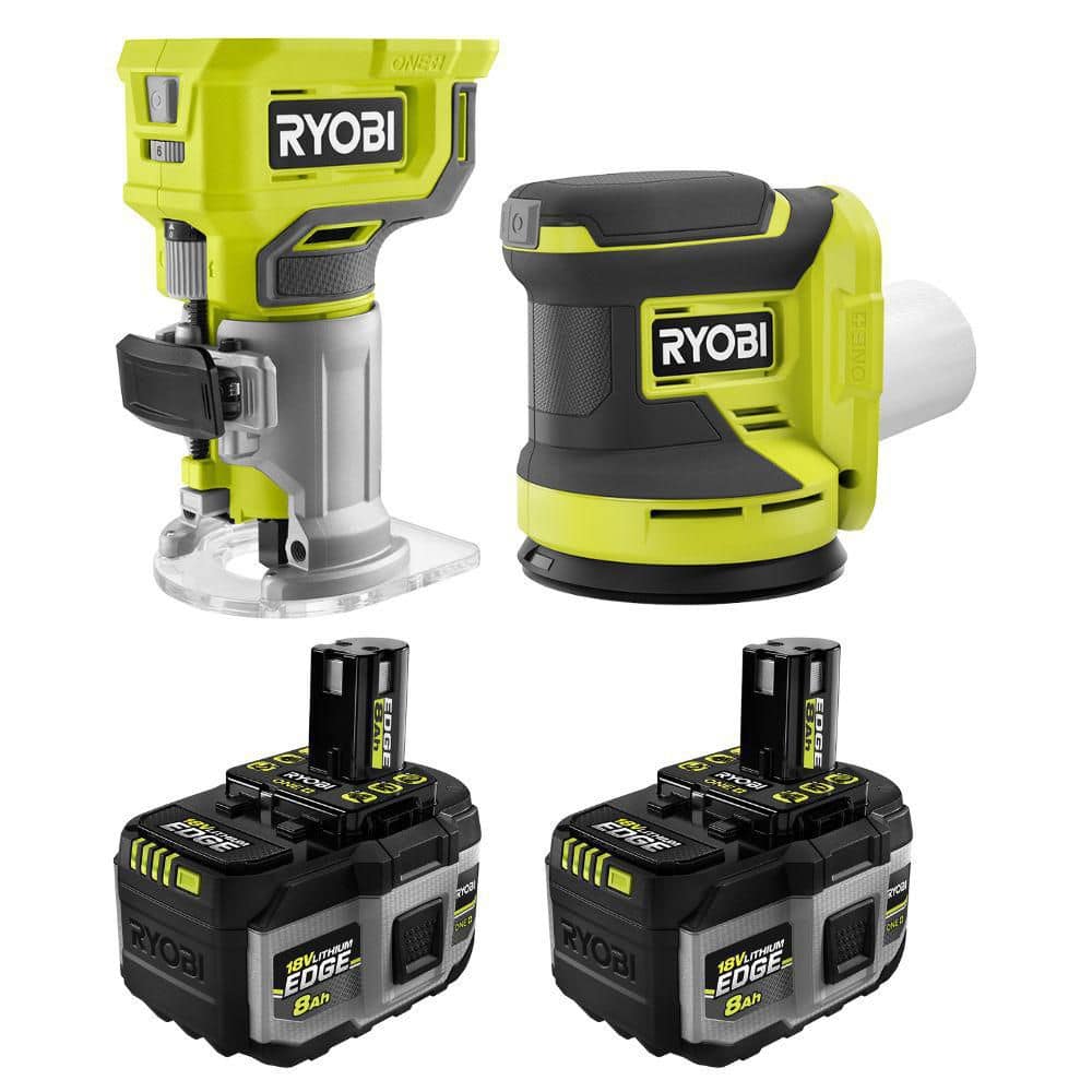 Ryobi ONE+ 18V Cordless 2-Tool Combo Kit w/ Compact Router & 5 in. RO Sander w/ ONE+ 18V 8.0 Ah Lithium-Ion EDGE Battery (2PK)