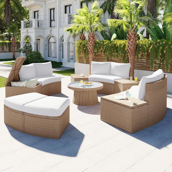 Brown 10-Piece Half Round Wicker Outdoor Sectional Set with White Cushions and Table