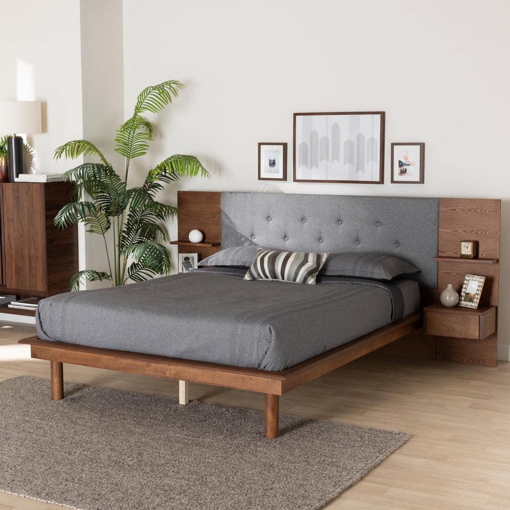 Eliana Gray and Walnut King Upholstered Platform Bed with Storage